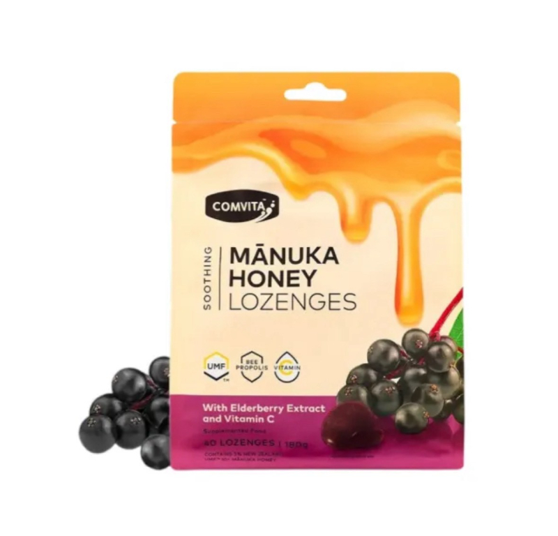 紐西蘭 Comvita Manuka Honey Lozenges with Elderberry Extract and Vitamin C 康維他 麥蘆卡蜂蜜 潤喉糖 40粒 (接骨木果口味)